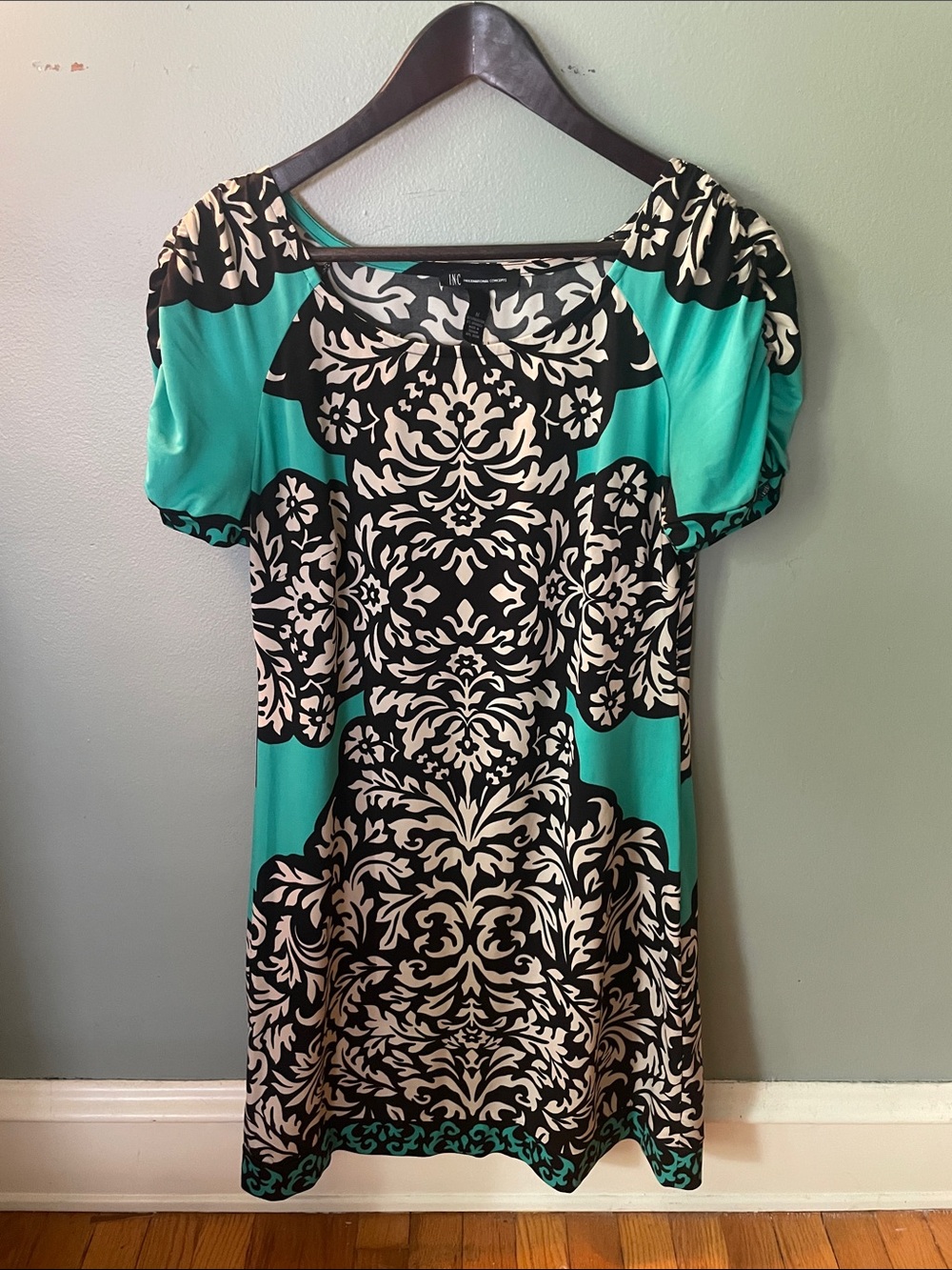 INC International Concepts Teal, Black and White Damask Midi Dress